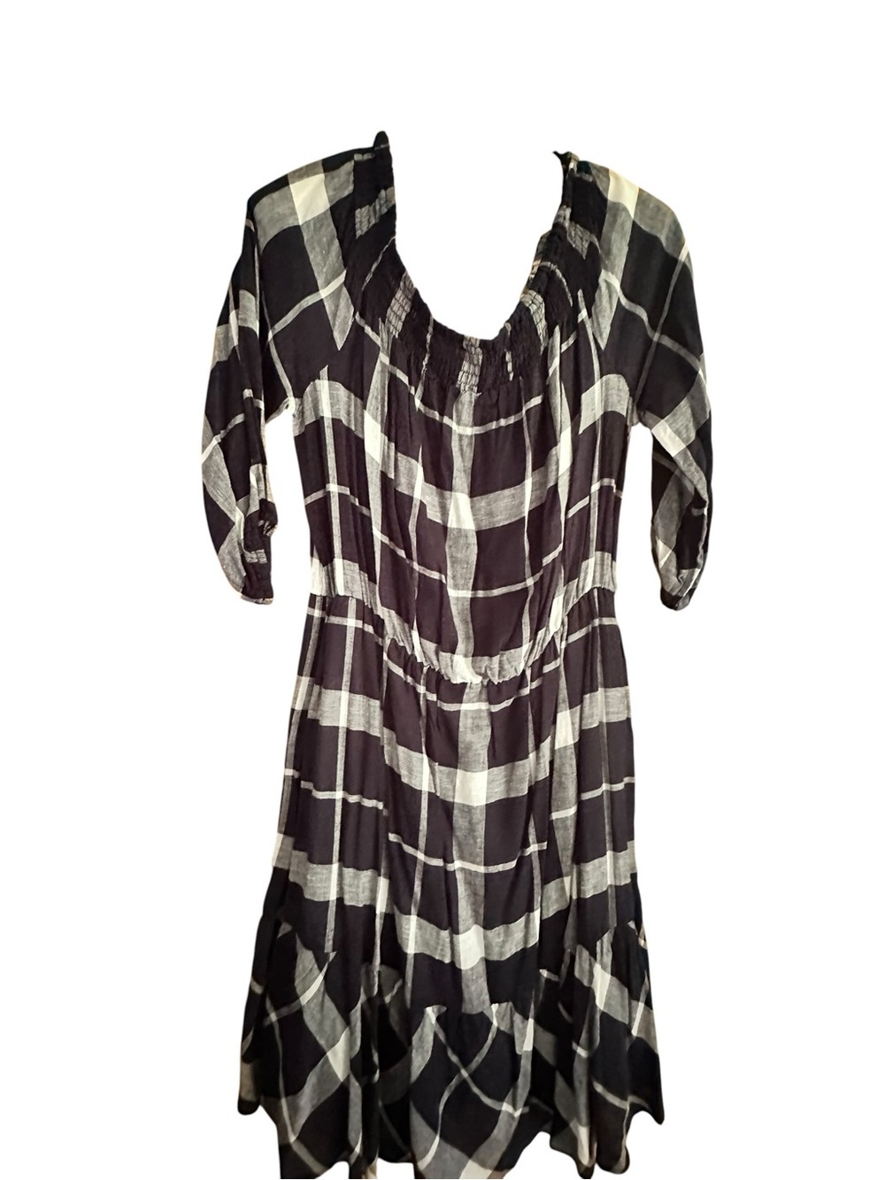 Christopher Banks navy and White Plaid Off-Shoulder Dress. Large